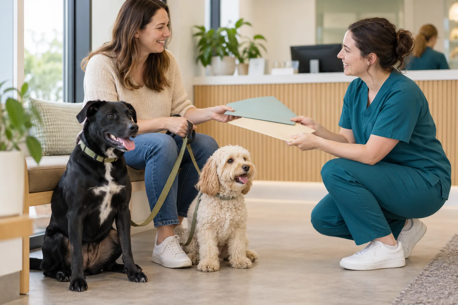 Veterinarian talking with an owner beside two dogs in a clinic